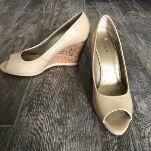 Tahari Cream Patent Leather Peep Toe Wedges